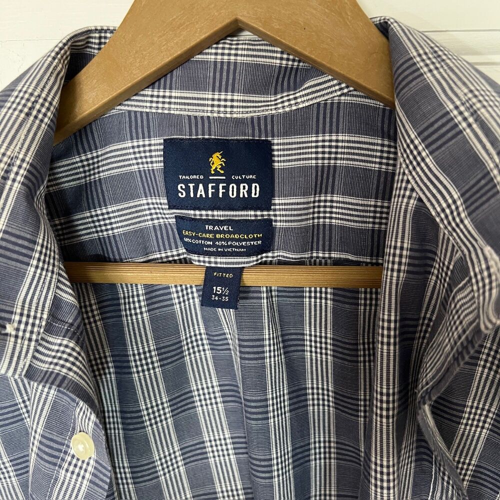 Stafford Mens Travel Easy-Care BroadCloth Fitted 15 1/2 34-35 Shirt Blue & White